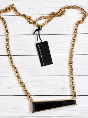 New NWT Chico's Black Label Gold Chain Black Glass Bar Statement Necklace $79
